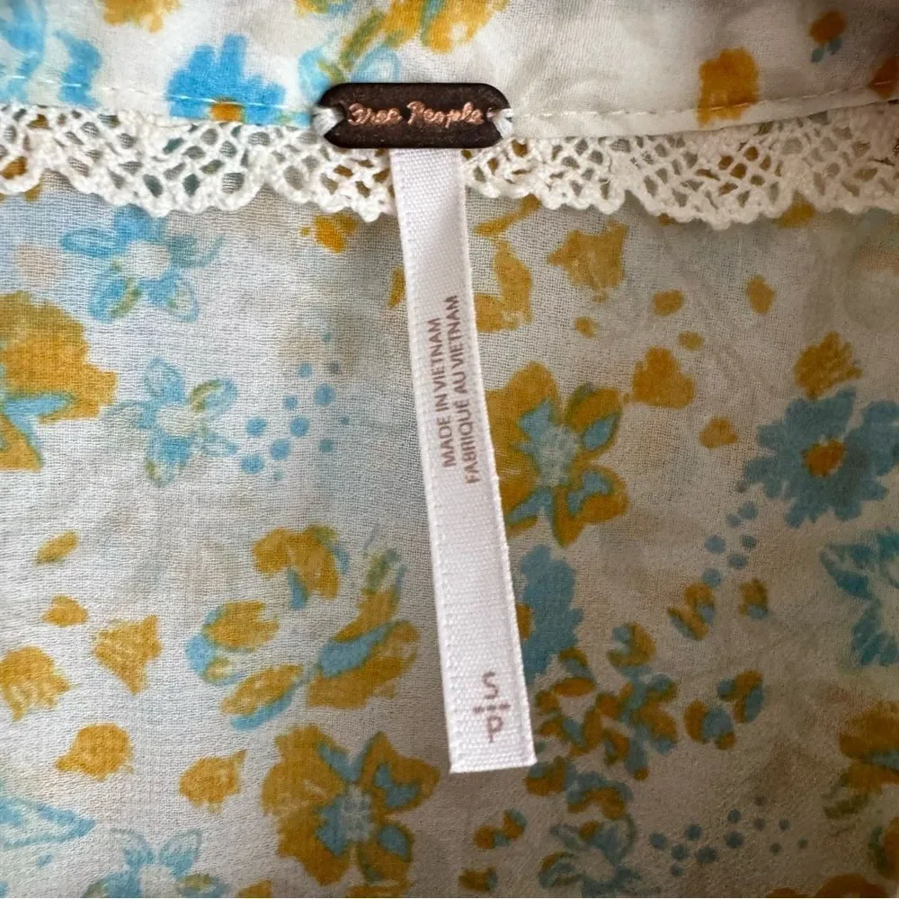 Free People Cream Blue Yellow Floral Hold On To Me Long Sleeve Button Up Top